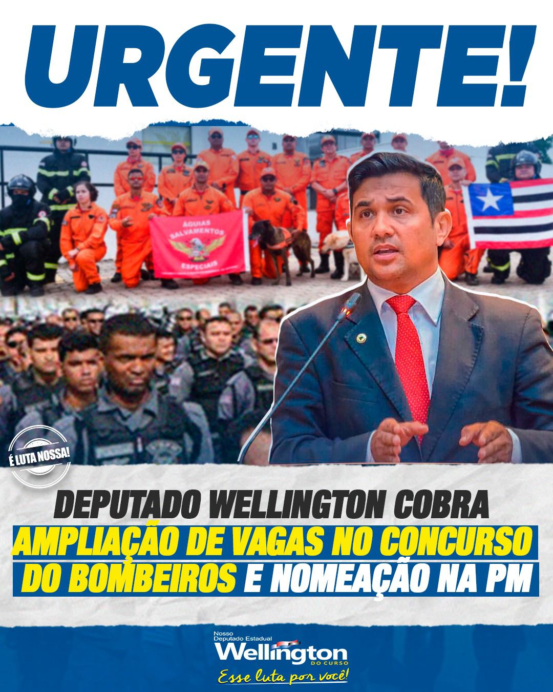 Deputado Wellington cobra ampliação de vagas no concurso dos Bombeiros e nomeação na PM  Na sessão plenária desta quarta-feira (9), o deputado Wellington do Curso subiu à tribuna da Assembleia Legislativa do Maranhão para cobrar do Governo do Estado a ampliação das vagas no concurso do Corpo de Bombeiros e a nomeação imediata dos aprovados no último concurso da Polícia Militar.   Ao abordar o tema, Wellington destacou a necessidade urgente de aumentar o efetivo nas forças de segurança.   “A segurança pública não pode esperar. Temos aprovados que aguardam a nomeação há anos, enquanto o estado sofre com a escassez de efetivo da Polícia Militar. O governo precisa agir agora! A população não pode continuar sendo refém da insegurança, e os aprovados não podem ser deixados à espera indefinidamente. Sobre o concurso do Corpo de Bombeiros, também volto ao cobrar que haja a previsão de, pelo menos, mil vagas imediatas para suprir o déficit da corporação”, disse Wellington.  Além disso, o deputado pontuou que a discussão sobre o aumento das vagas no concurso dos Bombeiros deve estar alinhada com a Lei Orçamentária Anual (LOA), que está sendo debatida na Casa Legislativa. Ele solicitou atenção ao Governo no planejamento do orçamento para 2025, garantindo os recursos necessários para a ampliação do efetivo e a nomeação dos aprovados. Ok